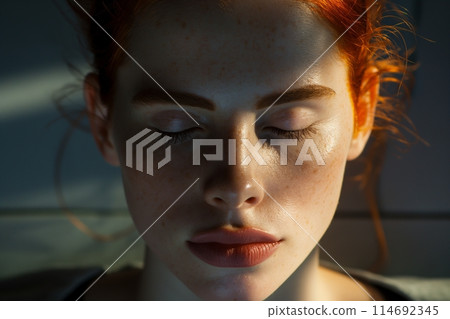 Redhead woman with closed eyes and freckles, in a serene moment of sunlight Redhead woman with closed eyes and freckles, in a serene moment of sunlight 114692345