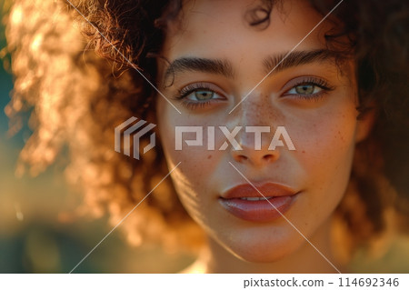 Young woman with curly hair and captivating eyes, bathed in golden hour light Young woman with curly hair and captivating eyes, bathed in golden hour light 114692346