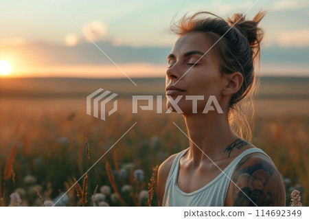 Relaxed woman enjoying the serenity of a sunset in a field 114692349