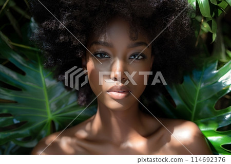 Elegant woman with afro hair and striking features among tropical leaves Elegant woman with afro hair and striking features among tropical leaves 114692376