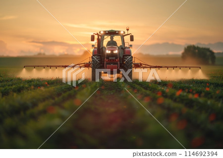 Tractor spraying crops in a lush green field with rolling hills in the background 114692394