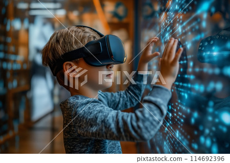 Boy in VR headset gesturing, immersed in a virtual environment with educational background Boy in VR headset gesturing, immersed in a virtual environment with educational background 114692396