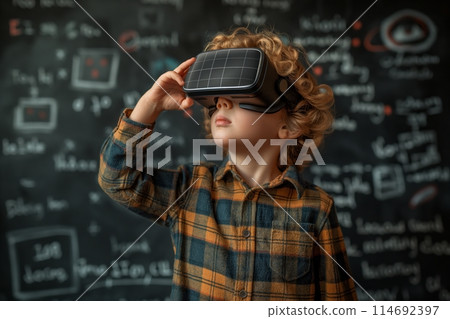 Boy in VR headset gesturing, immersed in a virtual environment with educational background 114692397