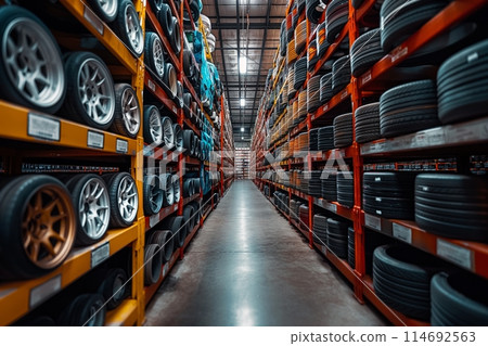 Aisle of a store displaying a variety of car rims on shelves with a shallow depth of field 114692563
