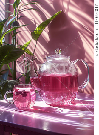 On the table is a glass teapot of blueberry tea 114692817
