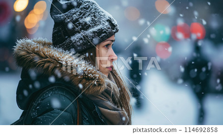 Woman in snow with a thoughtful look. Woman in snow with a thoughtful look. 114692858