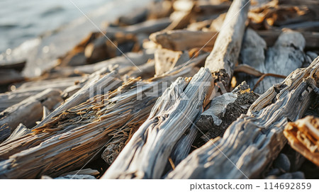 A jumble of sun-bleached driftwood pile on a seashore. A jumble of sun-bleached driftwood pile on a seashore. 114692859