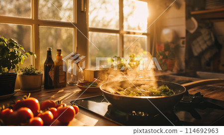 Stir-fry cooking on sunlit stove. 114692963