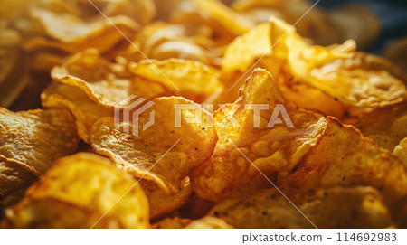 Close-up of crispy potato chips. Close-up of crispy potato chips. 114692983