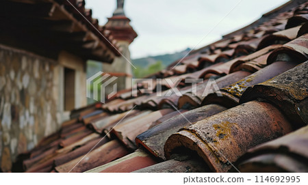 Old tiled roof with moss. Old tiled roof with moss. 114692995
