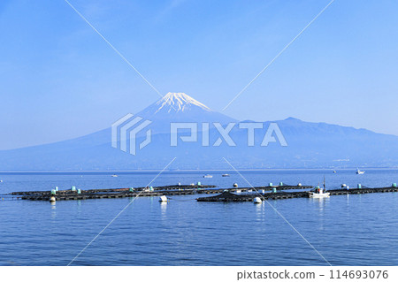 從駿河灣隔海眺望世界遺產富士山的春夏初夏景色 從駿河灣隔海眺望世界遺產富士山的春夏初夏景色 114693076