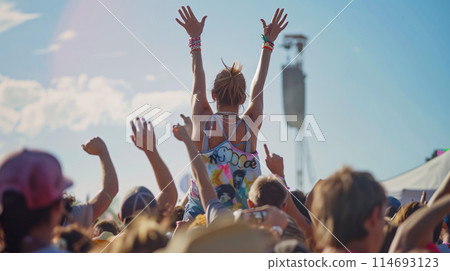 a person sitting atop someones shoulders, their hands reaching for the sky at a summer music festival a person sitting atop someones shoulders, their hands reaching for the sky at a summer music festival 114693123