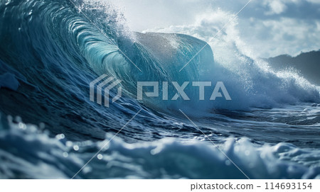 Curling wave with ocean spray. Curling wave with ocean spray. 114693154