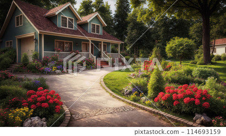 Home with vibrant garden. 114693159