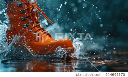 A bright orange boot splashing in water. 114693170