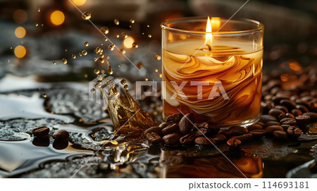 Candle in coffee beans with splashing liquid. Candle in coffee beans with splashing liquid. 114693181