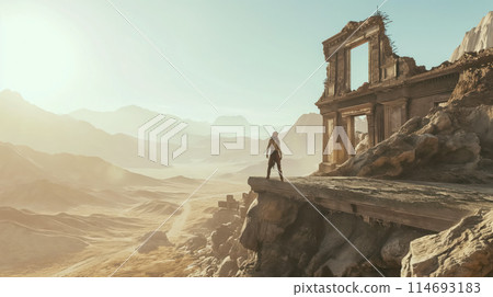 Explorer by ancient ruins in desert. 114693183