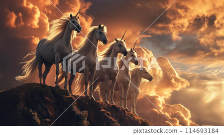 Unicorns against a dramatic sky backdrop. Unicorns against a dramatic sky backdrop. 114693184