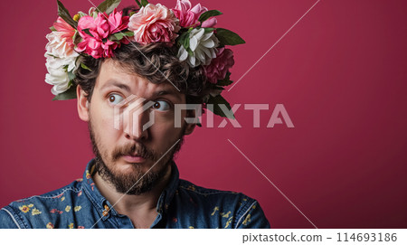 Man with floral wreath on pink background. 114693186