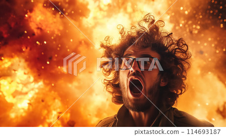 Man shocked by intense fire explosion. 114693187