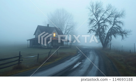 Misty homestead on a foggy country road. 114693188