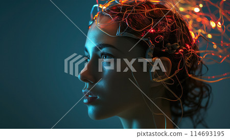 Woman with illuminated wire headpiece. Woman with illuminated wire headpiece. 114693195