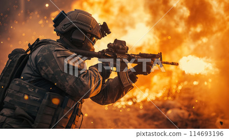 Soldier in action amid explosion. 114693196