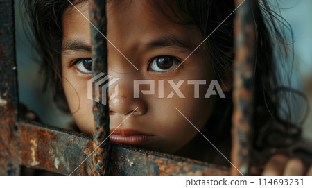 Child peeking through rusty bars. 114693231