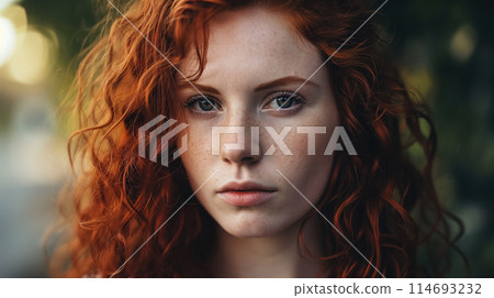 Red-haired woman with intense gaze. Red-haired woman with intense gaze. 114693232