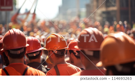 Crowd of workers in hard hats. Crowd of workers in hard hats. 114693263