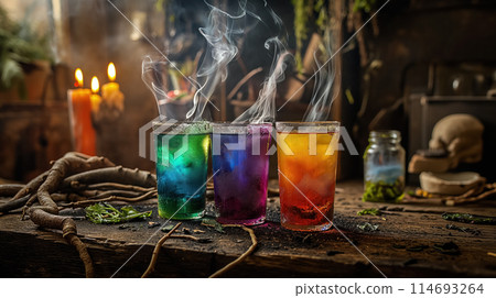 Steaming colorful potions in glasses. Steaming colorful potions in glasses. 114693264