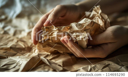 Crumpled paper in hands. 114693290