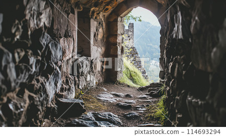 View from inside a stone arch. View from inside a stone arch. 114693294