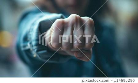 Fist in focus, symbol of strength. 114693296