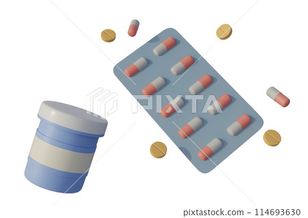 3D rendering of pill bottle and capsules in blister pack 3D rendering of pill bottle and capsules in blister pack 114693630