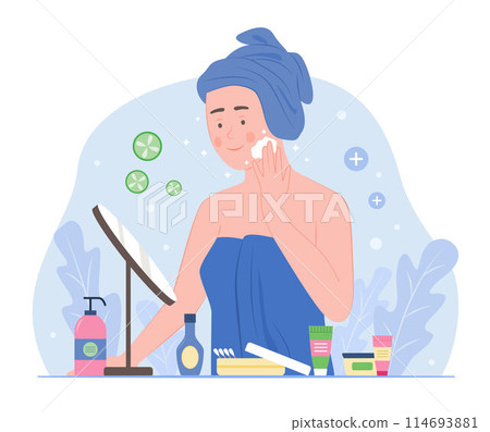 Healthy Woman Cleaning Her Face for Beauty Skin Treatment Concept Illustration Healthy Woman Cleaning Her Face for Beauty Skin Treatment Concept Illustration 114693881