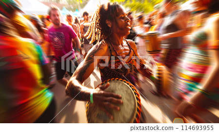 a festival-goer reveling in the vibrant energy of a drum circle, their hands beating out a rhythmic cadence 114693955