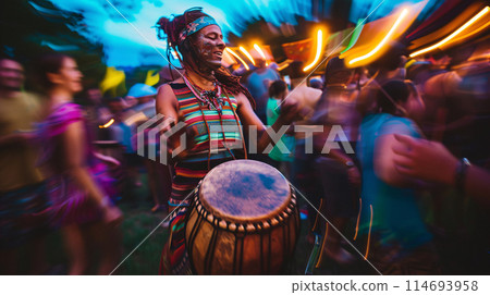 a festival-goer reveling in the vibrant energy of a drum circle, their hands beating out a rhythmic cadence a festival-goer reveling in the vibrant energy of a drum circle, their hands beating out a rhythmic cadence 114693958