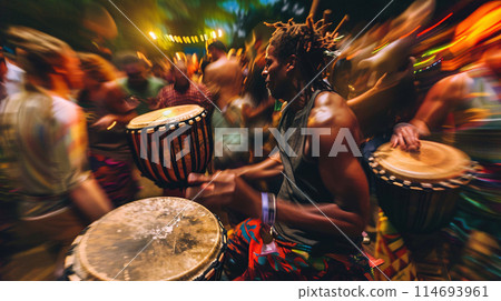 a festival-goer reveling in the vibrant energy of a drum circle, their hands beating out a rhythmic cadence 114693961
