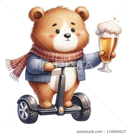 bear holding a beer glass stands on a Segway 114694027
