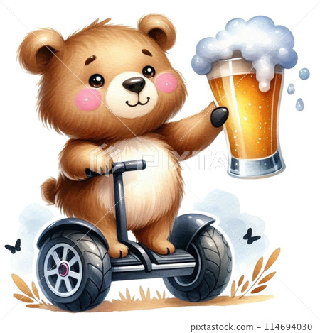 bear holding a beer glass stands on a Segway 114694030