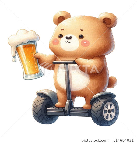 bear holding a beer glass stands on a Segway bear holding a beer glass stands on a Segway 114694031