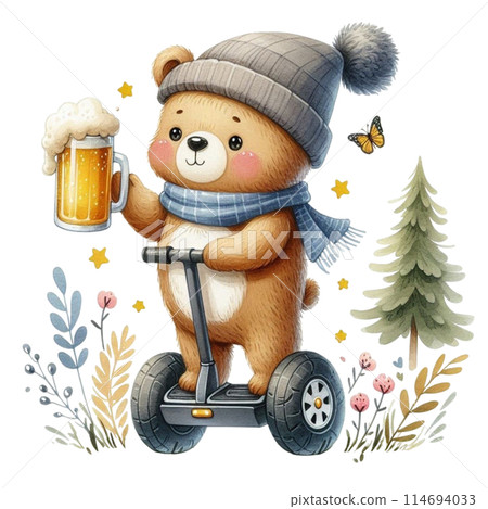 bear holding a beer glass stands on a Segway 114694033