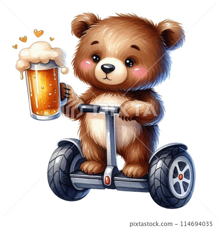 bear holding a beer glass stands on a Segway 114694035