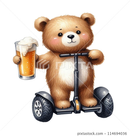 bear holding a beer glass stands on a Segway 114694036