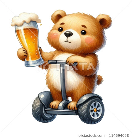 bear holding a beer glass stands on a Segway 114694038