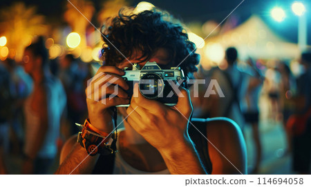 a summer music festival-goer capturing memories with a vintage film camera a summer music festival-goer capturing memories with a vintage film camera 114694058