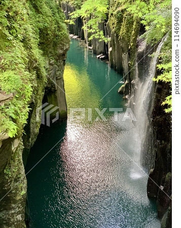 Fresh greenery reflected on the surface of the Gokase River and the ripples of Manai Falls (From Takachihokyo Bridge/Takachiho Town, Nishiusuki District, Miyazaki Prefecture) 114694090