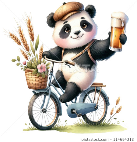 cute panda Riding a bicycle holding a glass of beer 114694318