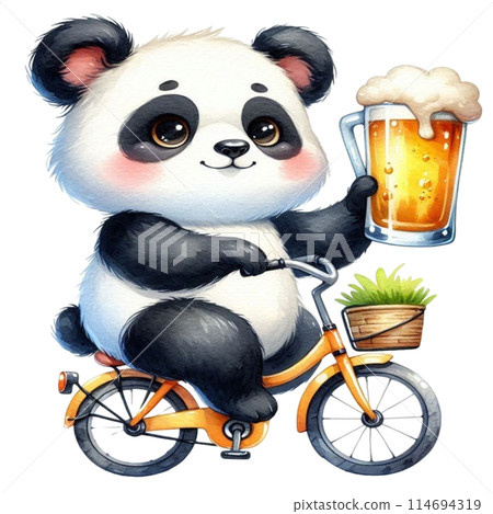 cute panda Riding a bicycle holding a glass of beer 114694319